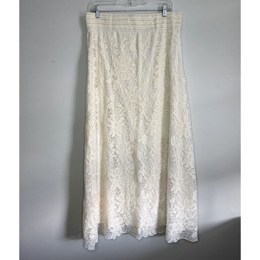 Large Ivory Lace Long Skirt Pull On Lined Boho Festival Coastal Cowgirl Cottage